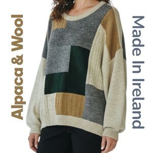 Glenbarra Alpaca Wool Sweater Cable Patchwork Knitwear Made/Ireland Sz XL